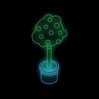 Glowing neon green tree growing in pot on black background vector