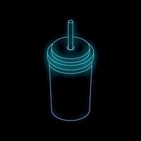 Glowing neon icon of soda in disposable cup with straw isometric view vector