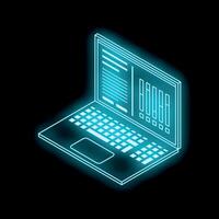 Neon blue laptop showing data chart on black background vector