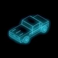 Neon blue pickup truck shining in dark space isometric view vector