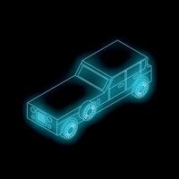 Glowing neon blue wireframe suv isometric right view on black background vector