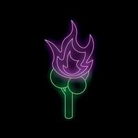 Neon sign of a burning tree with two green circles on black background vector