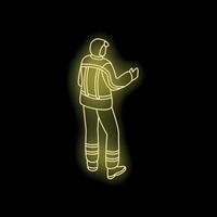Neon sign of fireman wearing uniform and helmet watching burning building from behind vector