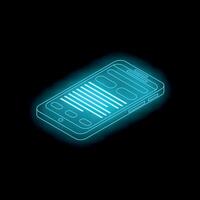 Neon smartphone displaying chat interface on dark background vector
