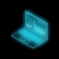 Neon blue laptop showing website design interface on black background vector