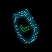 Neon blue shield with green check mark showing security vector