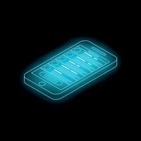 Smartphone showing graph with glowing neon blue lines on dark background vector