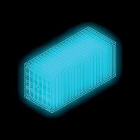 Glowing neon blue shipping container on black background vector