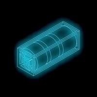Glowing neon wireframe showing cargo container filled with barrels on black background vector