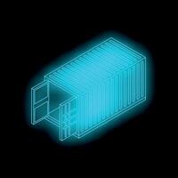 Neon blue shipping container open doors isometric view on black background vector