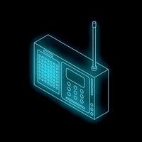 Neon icon of retro receiver broadcasting fm radio playing music vector