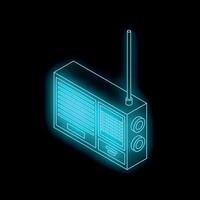 Blue neon retro radio receiver transmitting on black background vector