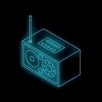 Neon icon of vintage radio receiver broadcasting audio waves vector