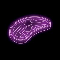 Neon sign showing a glowing steak icon on a black background vector