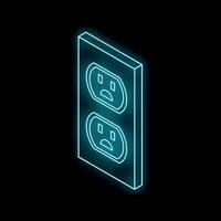 Glowing neon line electrical outlet on the wall isometric icon isolated on black background vector