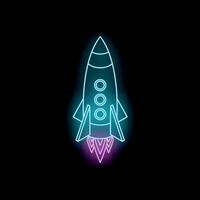 Neon spaceship taking off from earth at night vector
