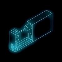 Glowing blue outline of metalworking lathe on black background vector