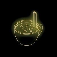 Neon sign of hot drink with cinnamon sticks glowing on black background vector