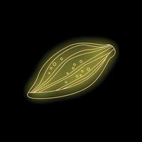 Glowing neon yellow cocoa bean pod line art on black background vector