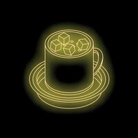 Neon coffee cup with sugar cubes on a saucer isometric view vector