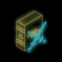 Neon glowing server icon with crossed swords protecting data vector