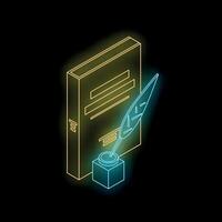 Neon sign showing book and feather pen with inkwell isometrically vector