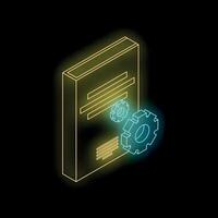 Neon yellow document being optimized with two blue gears isometrically vector