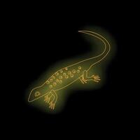 Neon lizard crawling with glowing body and tail on black background vector