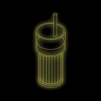 Yellow neon sign of drink with straw in isometric view on black background vector