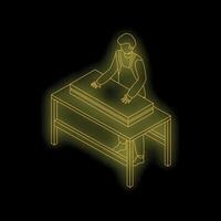 Warehouse worker arranging boxes on table neon sign vector