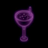 Neon cocktail glass shining in purple with straw isometric view vector