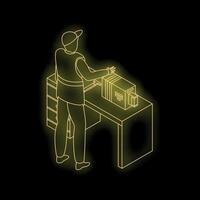 Delivery man preparing package using scanner at desk vector