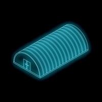 Neon isometric hangar building glowing on black background vector