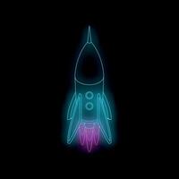 Neon spaceship taking off into space with flames behind it vector