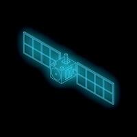 Neon glowing blue artificial satellite orbiting earth vector