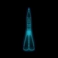 Neon spaceship taking off from earth on black background vector