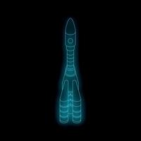 Neon rocket ship taking off from earth on black background vector
