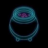 Neon witch's cauldron bubbling with a magic potion on black background vector