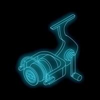 Neon fishing reel glowing against black background vector