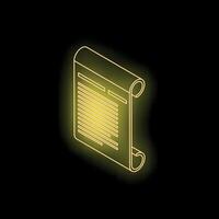 Yellow neon sign of ancient paper scroll glowing on black background vector