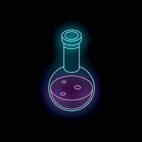 Neon icon of chemical flask with bubbling liquid on black background vector