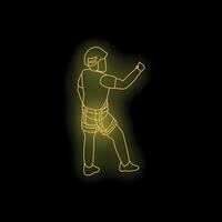 Climber wearing safety harness and helmet climbing upward using rope neon sign vector