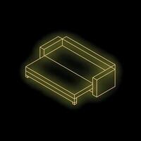 Glowing yellow neon sofa isometric view on black background vector