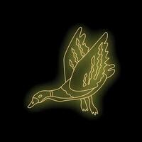 Yellow neon sign of a duck flying with outstretched wings on a black background vector