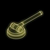 Yellow neon gavel resting on sound block isometric right view vector