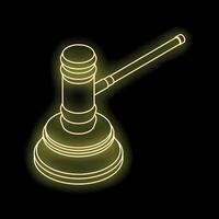 Gavel resting on a sound block, glowing yellow neon outline on black background vector