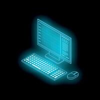 Neon computer displaying graphs and charts on black background vector