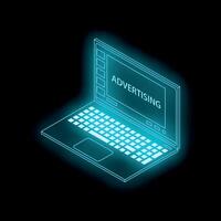 Neon blue laptop showing advertising concept on screen vector