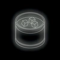 Neon glass with whiskey and ice cubes on black background vector