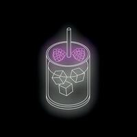 Neon cocktail with boba bubbles and ice cubes glowing on black background vector